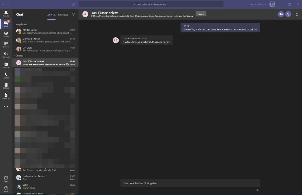 Chatfenster MS Teams für externen Chat mit Skype Benutzer