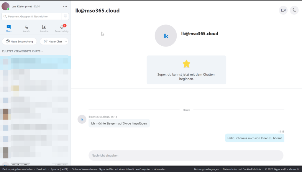 Skype Web App mit Chatnachrichten aus MS Teams