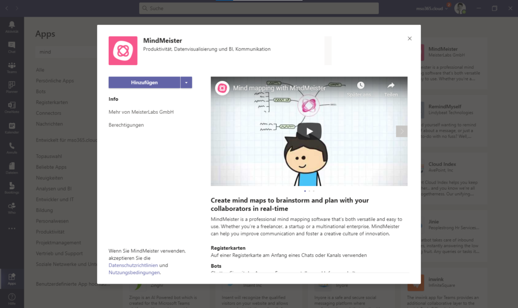 MindMeister App in MS Teams  zum hinzufügen.