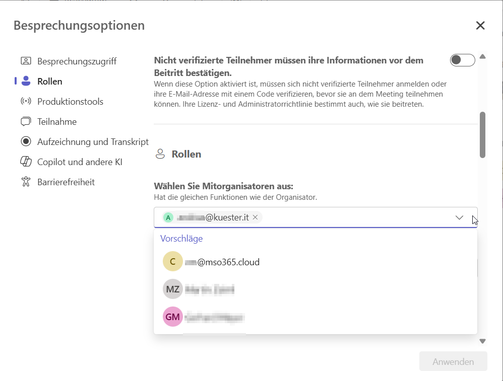 Meeting Co-Organistor oder Mitorganistor auswählen für eine MS Teams Besprechung