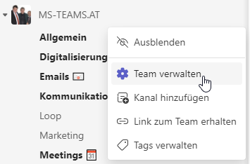 Teams - Team verwalten anklicken