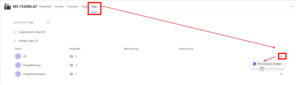 Gruppenchat mit Tags Menü in Team verwalten starten