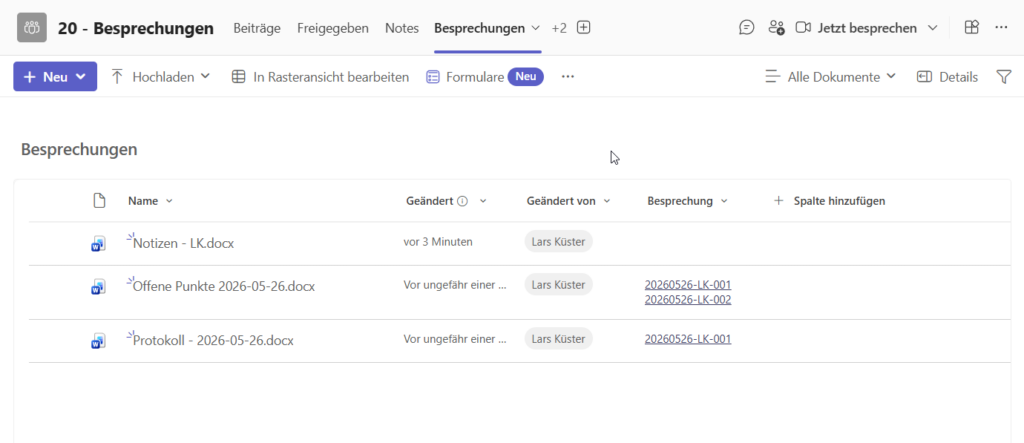 Dokumentbibliothek "Besprechungen" mit sämtlichen Dokumenten in der Ansicht "Alle Dokumente". Auch das Dokument ohne eine Besprechungs-ID in der Besprechungen Spalte sichtbar