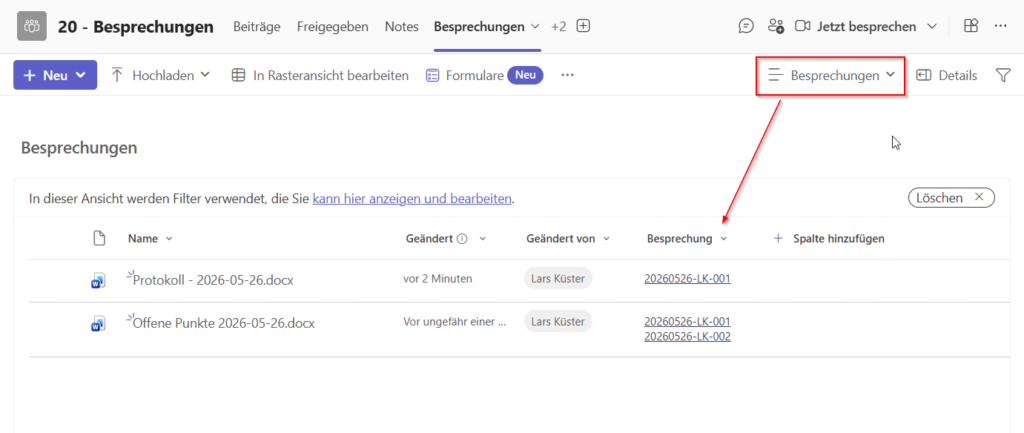 Sharepoint Bibliothek "Besprechungen" für Besprechungsdokumente. Ansicht Besprechungen aktiviert. Daher 2 von 3 Dokumenten sichtbar.